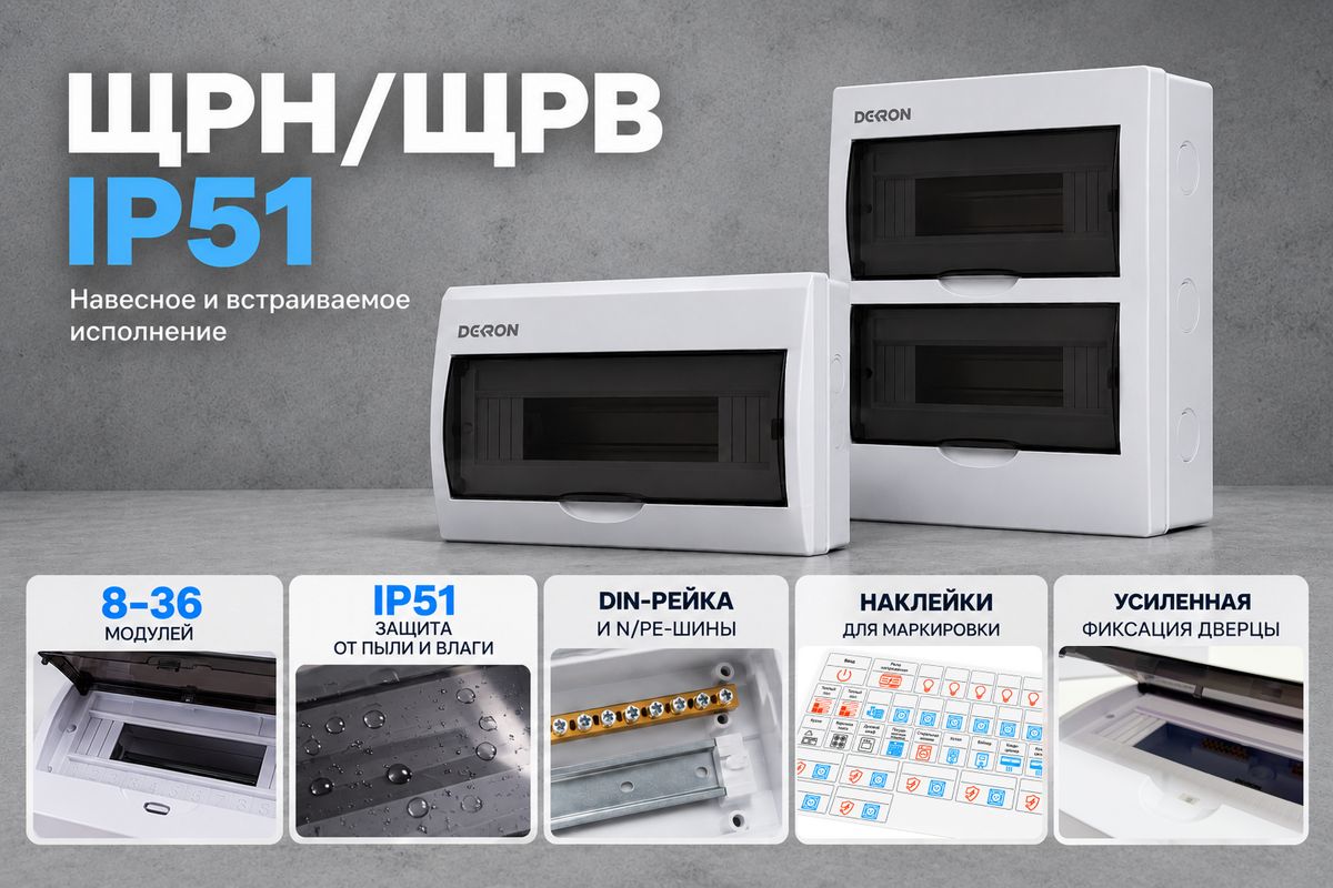Навесные и встраиваемые электрические щиты ЩРН и ЩРВ DEKRON IP51 на 8–36 модулей с DIN-рейкой и N PE шинами
